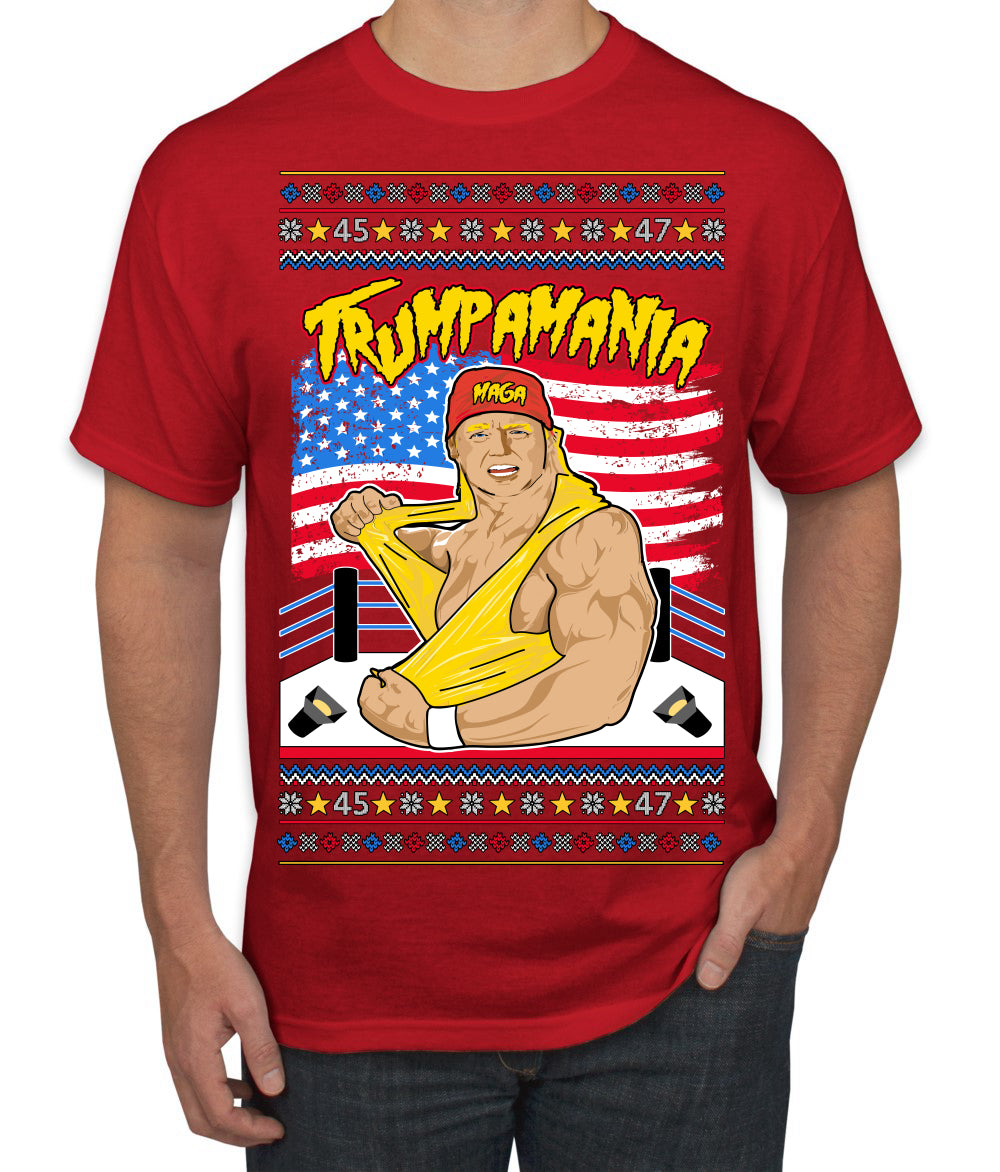 Trumpamania Funny Hogan 80s USA Wrestling Sports Parody Ugly Christmas Sweater Men's T-Shirt
