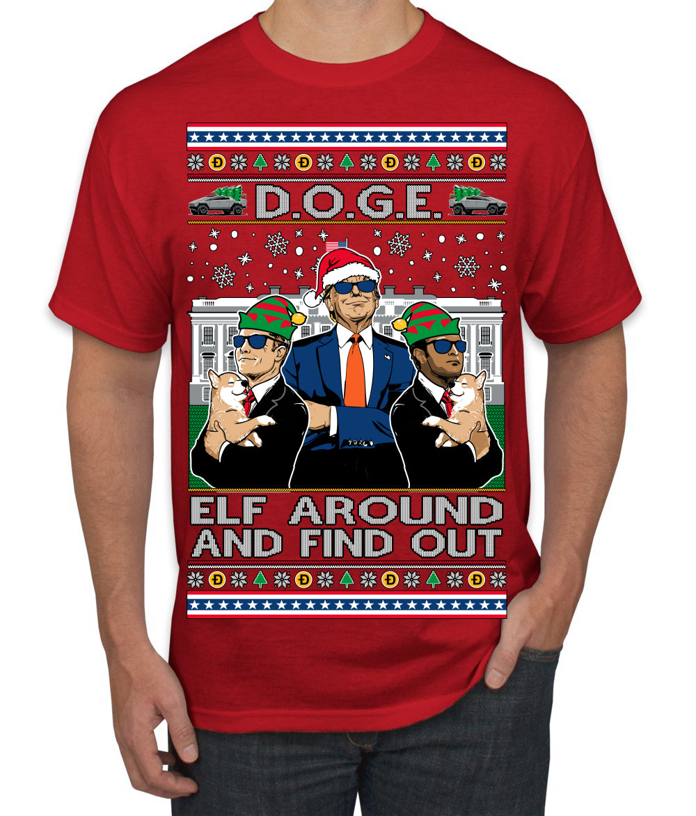 Doge Elf Around and Find Out Trump Elon Vivek MAGA Ugly Christmas Sweater Men's T-Shirt