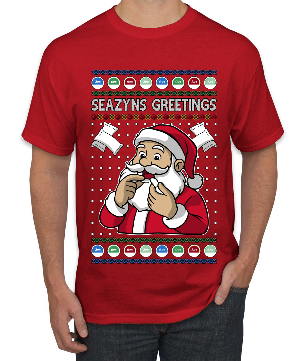 Seazyns Greeting Santa Packing Lip Pouch, Ugly Christmas Sweater Unisex Men's T-Shirt