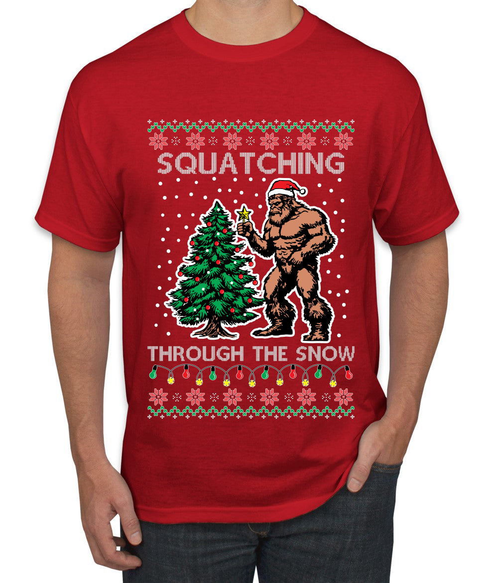 Squatching Through The Snow Bigfoot, Ugly Christmas Sweater Unisex Men's T-Shirt