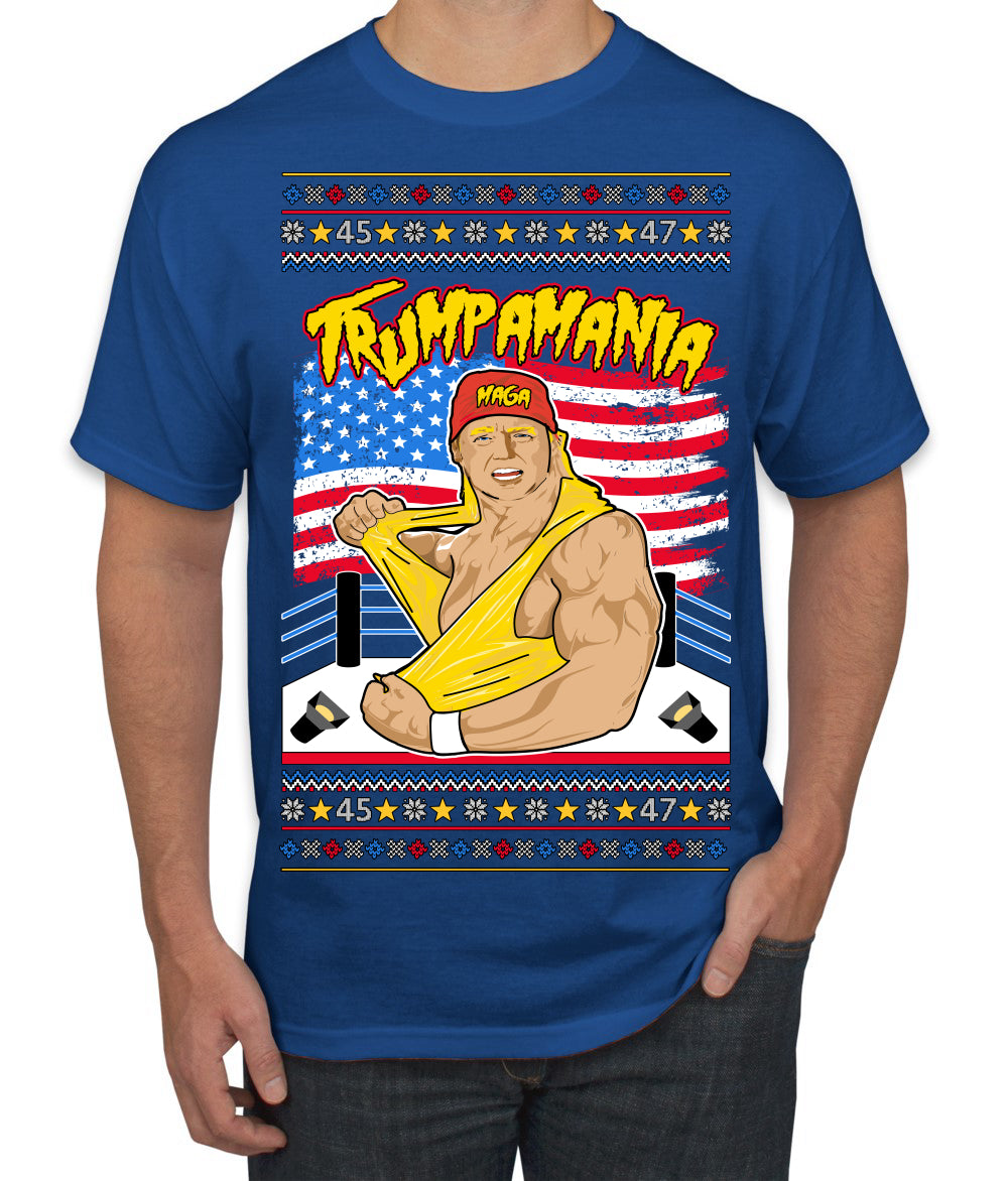 Trumpamania Funny Hogan 80s USA Wrestling Sports Parody Ugly Christmas Sweater Men's T-Shirt