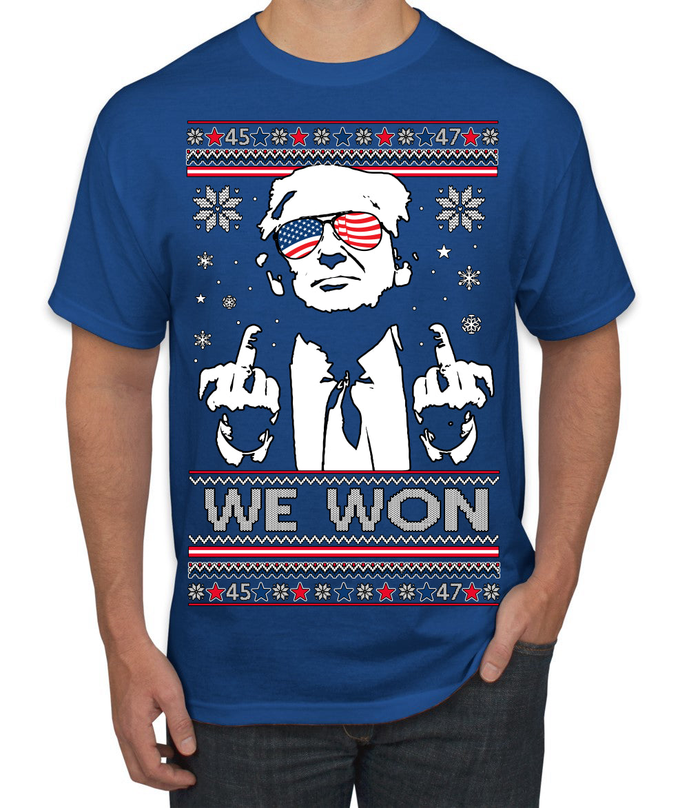 We Won Funny 45 47 President Trump Shot USA Glasses Ugly Christmas Sweater Men's T-Shirt