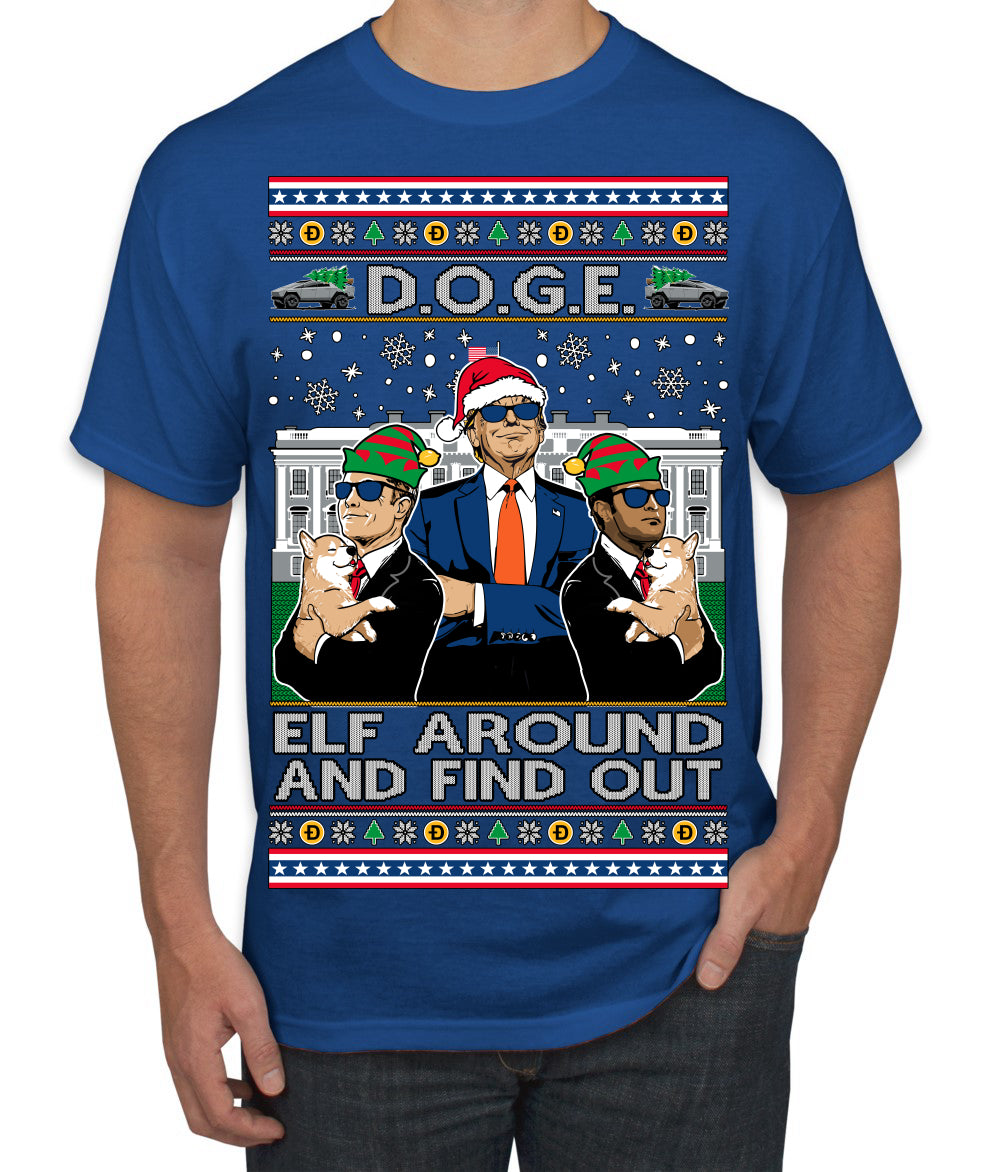 Doge Elf Around and Find Out Trump Elon Vivek MAGA Ugly Christmas Sweater Men's T-Shirt