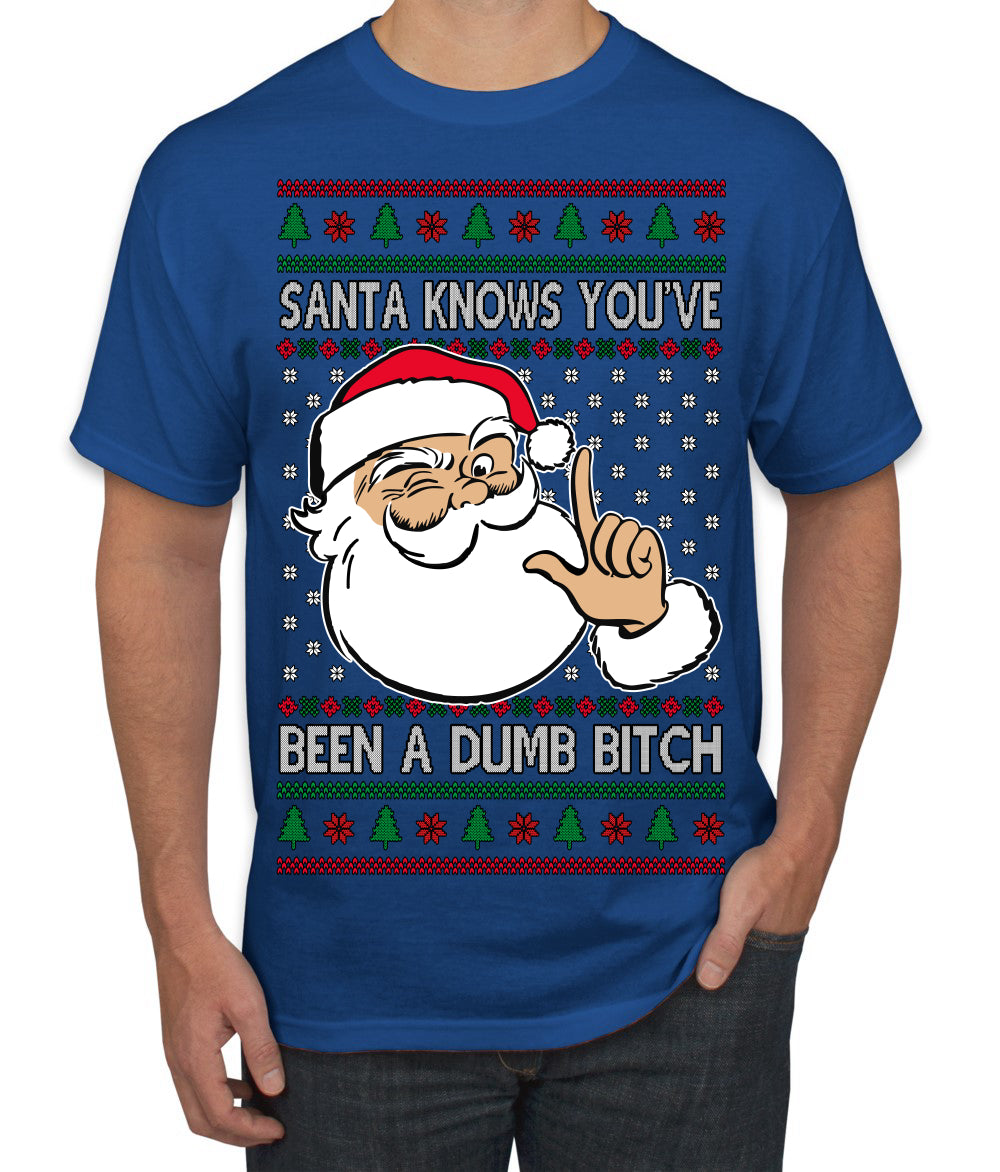Santa Knows You've Been a Dumb Bitch Funny Vulgar Dirty Ugly Christmas Sweater Men's T-Shirt