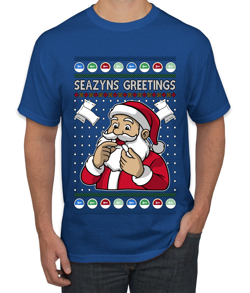 Seazyns Greeting Santa Packing Lip Pouch, Ugly Christmas Sweater Unisex Men's T-Shirt