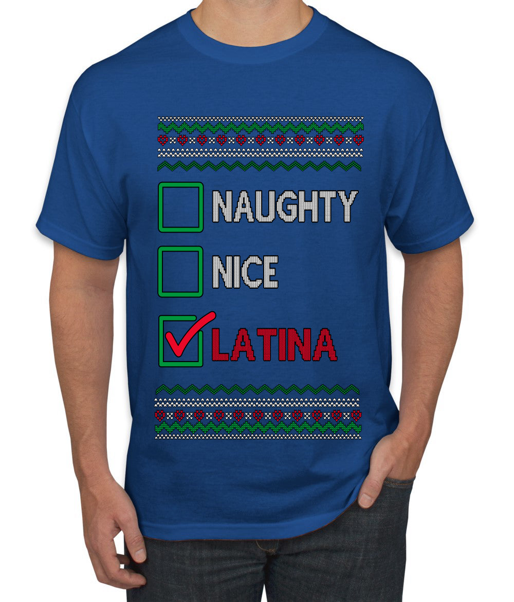 Naughty Nice, Latina, Latin American Humor Christmas Design, Ugly Christmas Sweater Unisex Men's T-Shirt