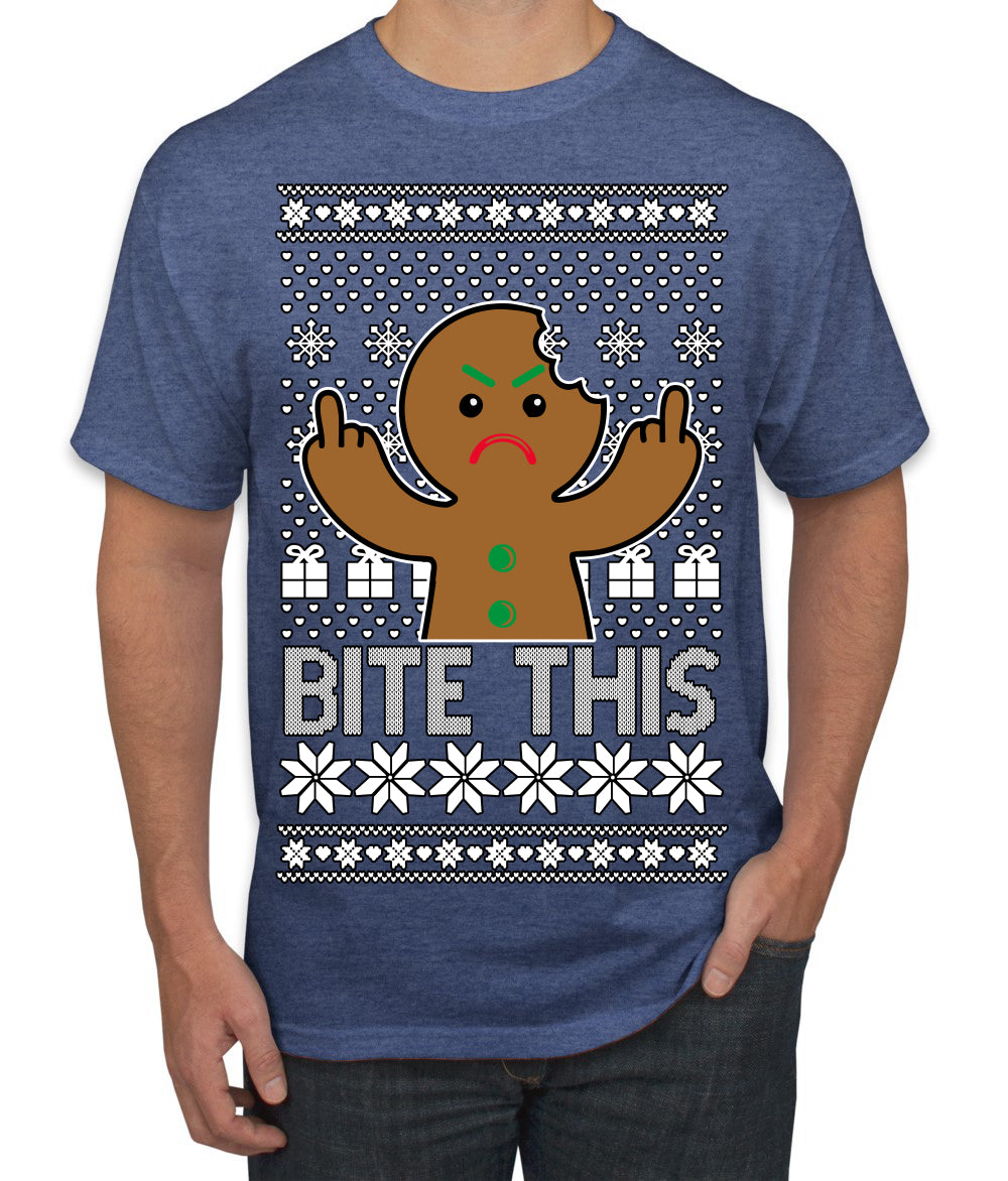 Bite This, Funny Gingerbread Cookie Offensive Inappropriate Middle Finger, F U Ginger Bread Dirty Novelty Xmas Ugly Christmas Sweater Men's T-Shirt