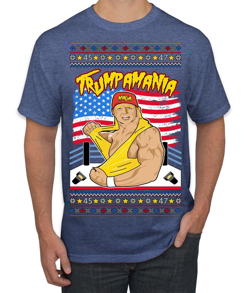 Trumpamania Funny Hogan 80s USA Wrestling Sports Parody Ugly Christmas Sweater Men's T-Shirt