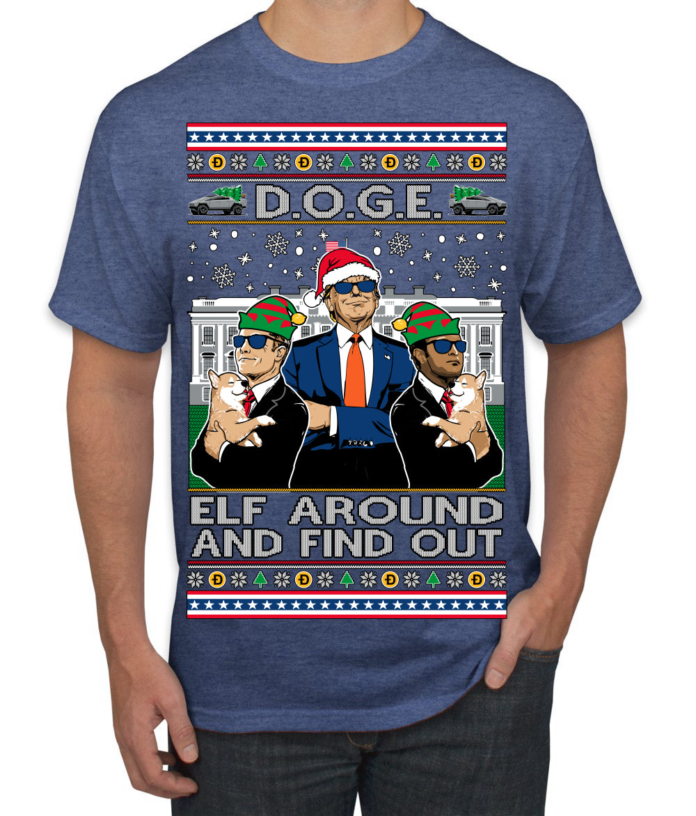 Doge Elf Around and Find Out Trump Elon Vivek MAGA Ugly Christmas Sweater Men's T-Shirt