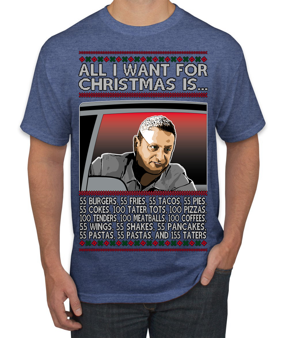 All I Want for Christmas Is 55 Burgers 55 Fries 55 Tacos 55 Pies, Funny Viral I Think Tim TV Show Gen Z Alpha Brainrot Meme Ugly Christmas Sweater Men's T-Shirt