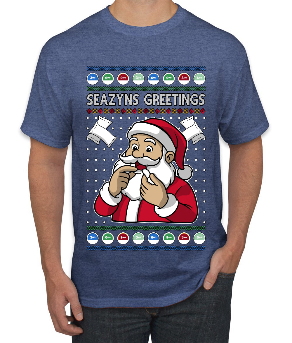 Seazyns Greeting Santa Packing Lip Pouch, Ugly Christmas Sweater Unisex Men's T-Shirt