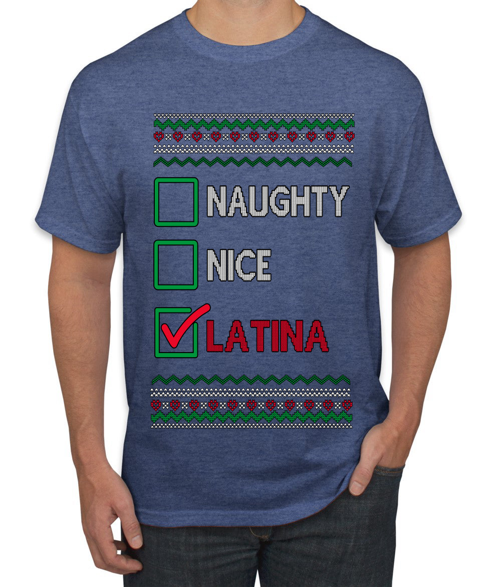 Naughty Nice, Latina, Latin American Humor Christmas Design, Ugly Christmas Sweater Unisex Men's T-Shirt