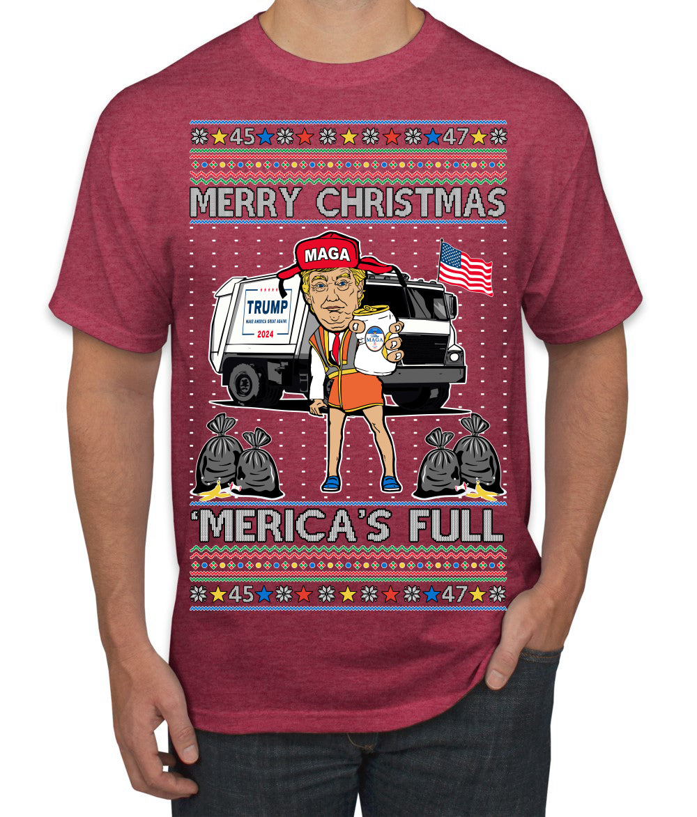 Donald Trump Merry Christmas Merica's Full Garbage Truck Ugly Christmas Sweater Men's T-Shirt