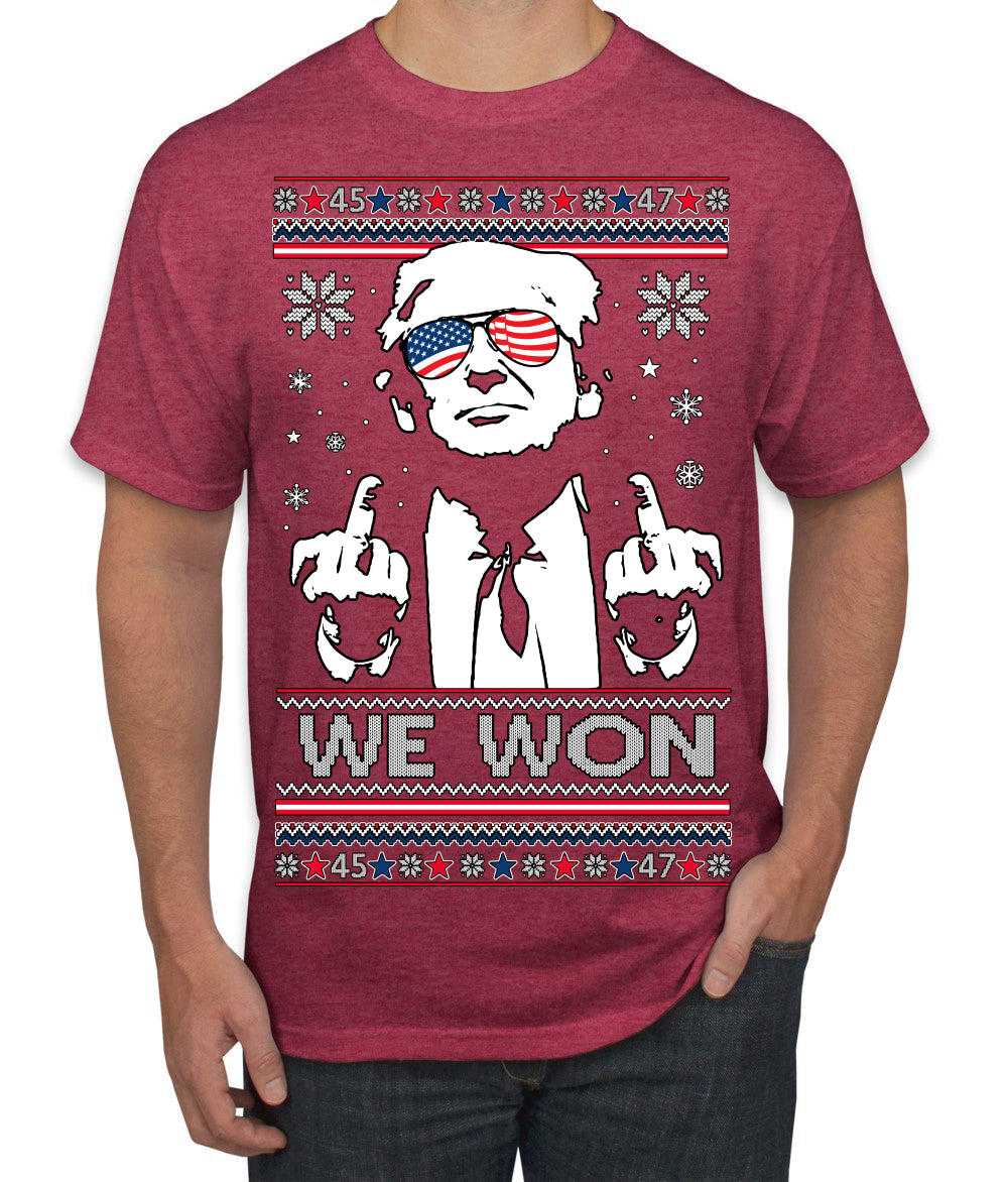 We Won Funny 45 47 President Trump Shot USA Glasses Ugly Christmas Sweater Men's T-Shirt