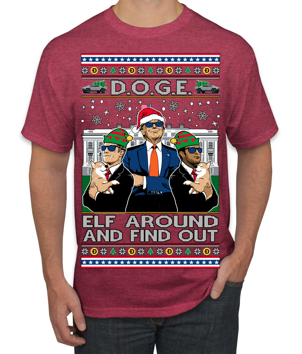 Doge Elf Around and Find Out Trump Elon Vivek MAGA Ugly Christmas Sweater Men's T-Shirt