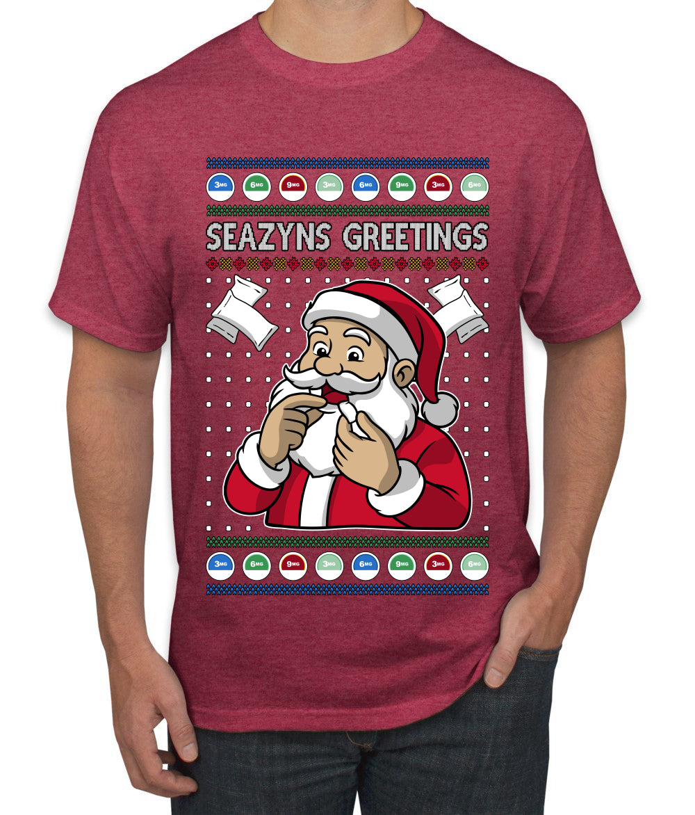 Seazyns Greeting Santa Packing Lip Pouch, Ugly Christmas Sweater Unisex Men's T-Shirt