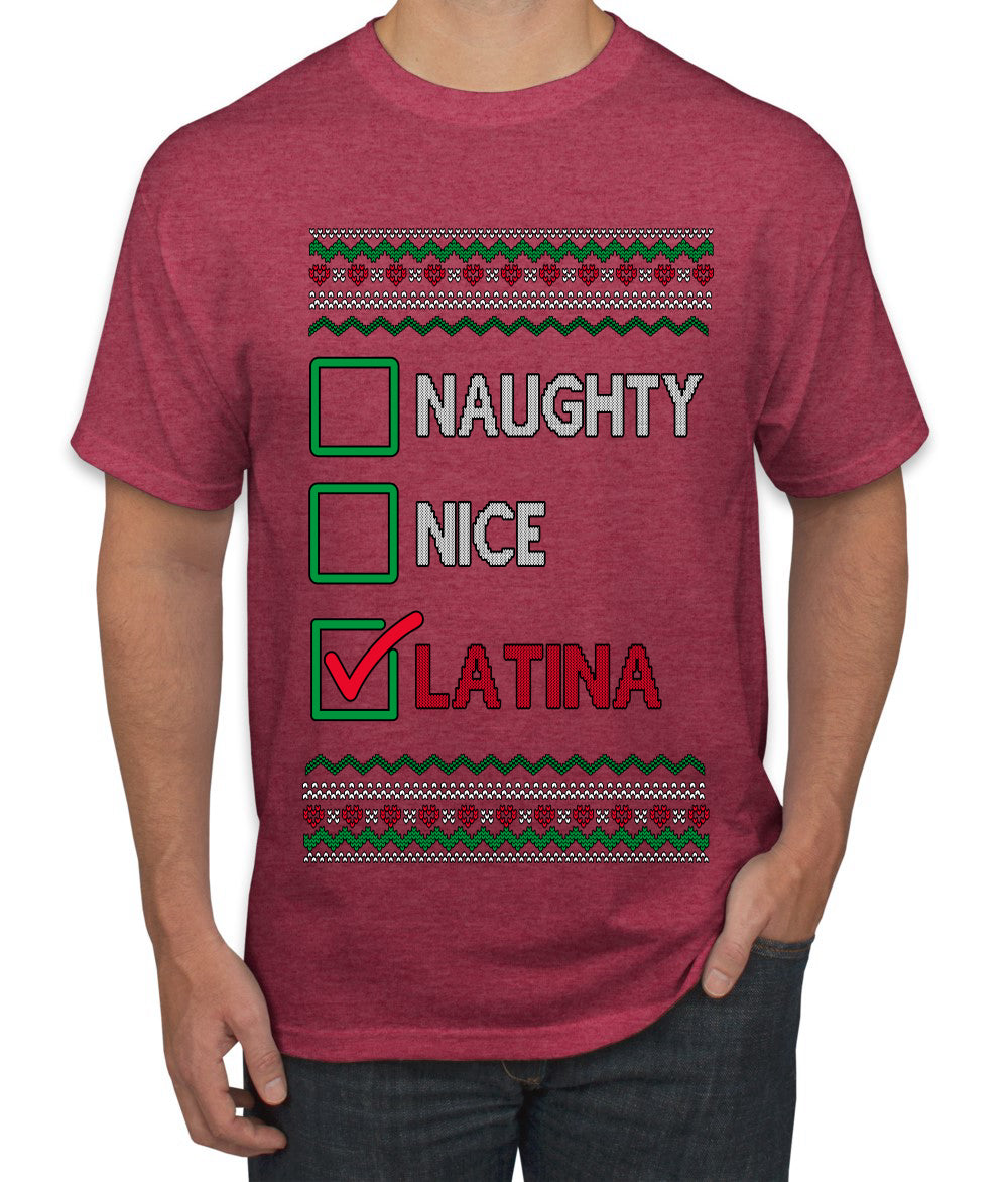 Naughty Nice, Latina, Latin American Humor Christmas Design, Ugly Christmas Sweater Unisex Men's T-Shirt