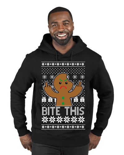 Bite This, Funny Gingerbread Cookie Offensive Inappropriate Middle Finger, F U Ginger Bread Dirty Novelty Xmas Ugly Christmas Sweater Premium Graphic Hoodie Sweatshirt