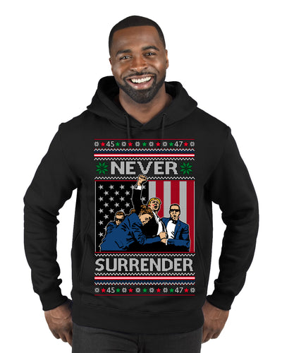 Never Surrender Pro Donald Trump Fight Fist Pump 2024 Ugly Christmas Sweater Premium Graphic Hoodie Sweatshirt