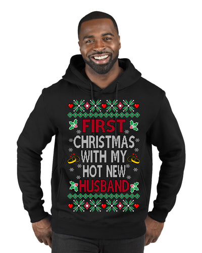 First Christmas With My Hot New Husband Classic Newlywed Ugly Christmas Sweater Premium Graphic Hoodie Sweatshirt
