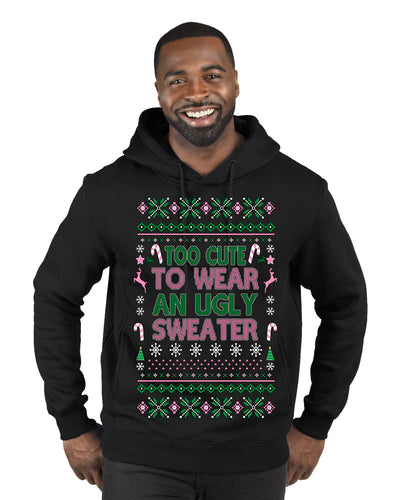 Too Cute to Wear an Ugly Sweater, Funny Classic Pink Candy Cane Reindeer Cute Diva Girl Xmas Ugly Christmas Sweater Premium Graphic Hoodie Sweatshirt