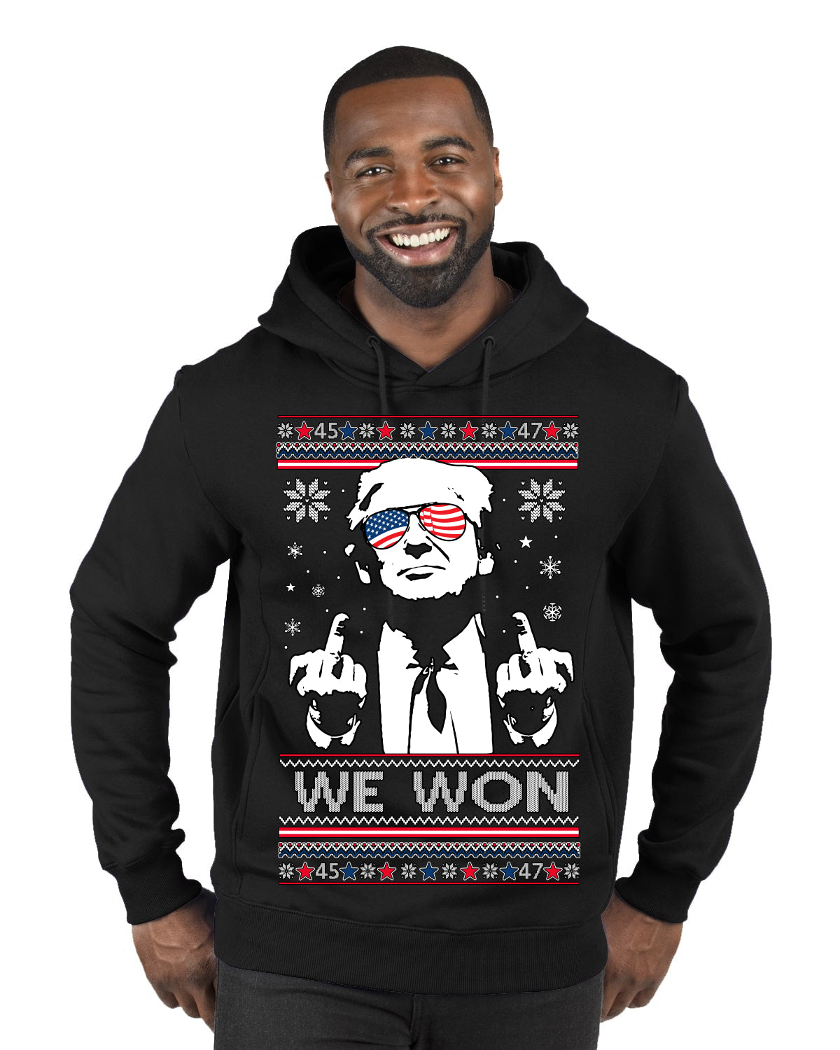 We Won Funny 45 47 President Trump Shot USA Glasses Ugly Christmas Sweater Premium Graphic Hoodie Sweatshirt