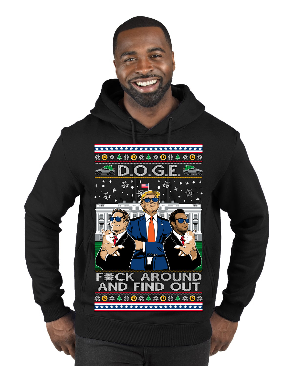 Doge F Around and Find Out Donald Trump Elon Vivek MAGA Ugly Christmas Sweater Premium Graphic Hoodie Sweatshirt