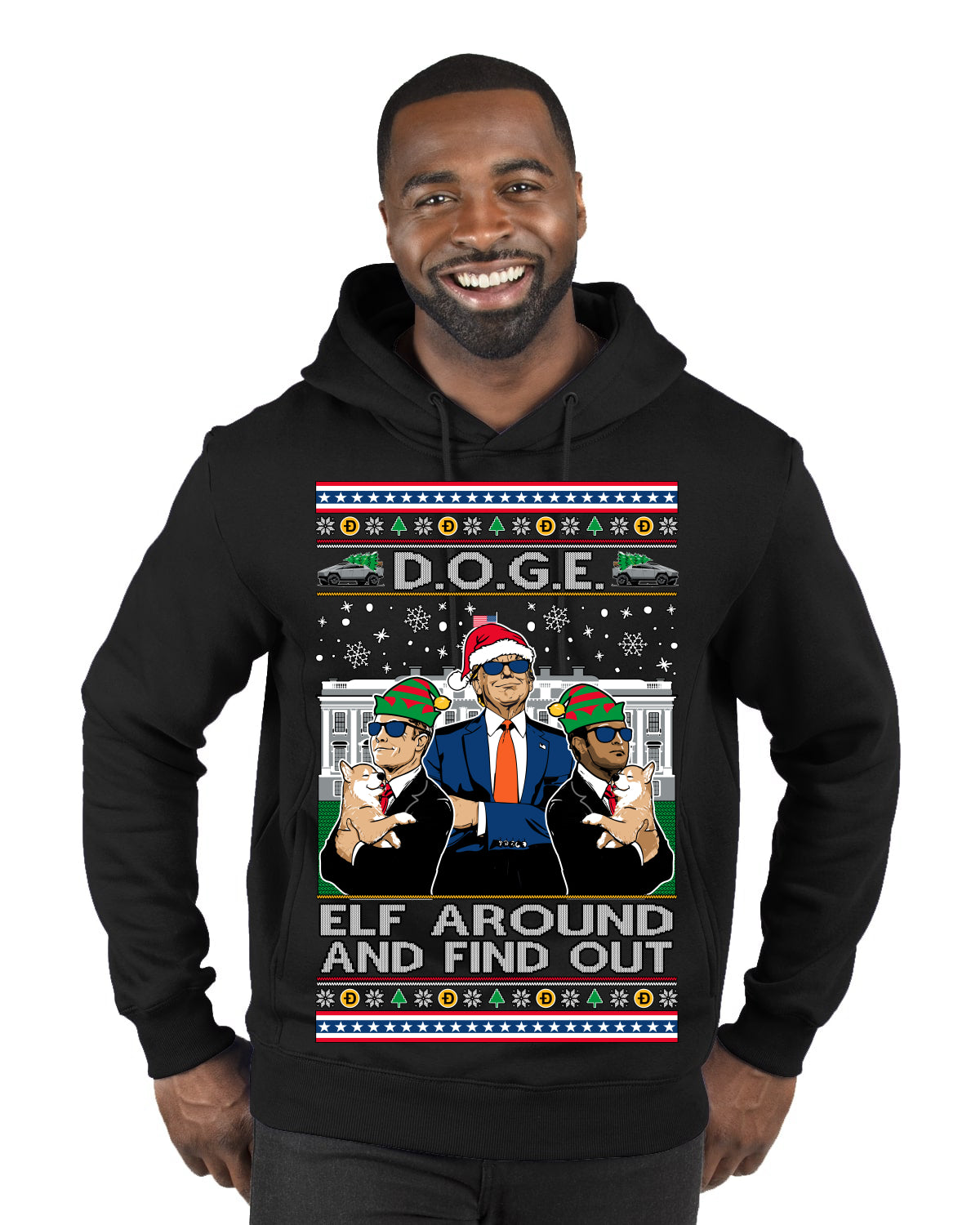 Doge Elf Around and Find Out Trump Elon Vivek MAGA Ugly Christmas Sweater Premium Graphic Hoodie Sweatshirt