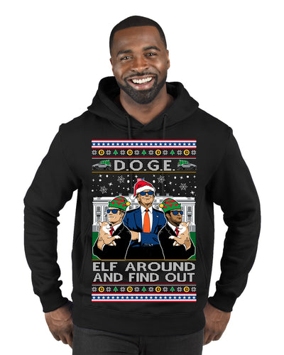 Doge Elf Around and Find Out Trump Elon Vivek MAGA Ugly Christmas Sweater Premium Graphic Hoodie Sweatshirt