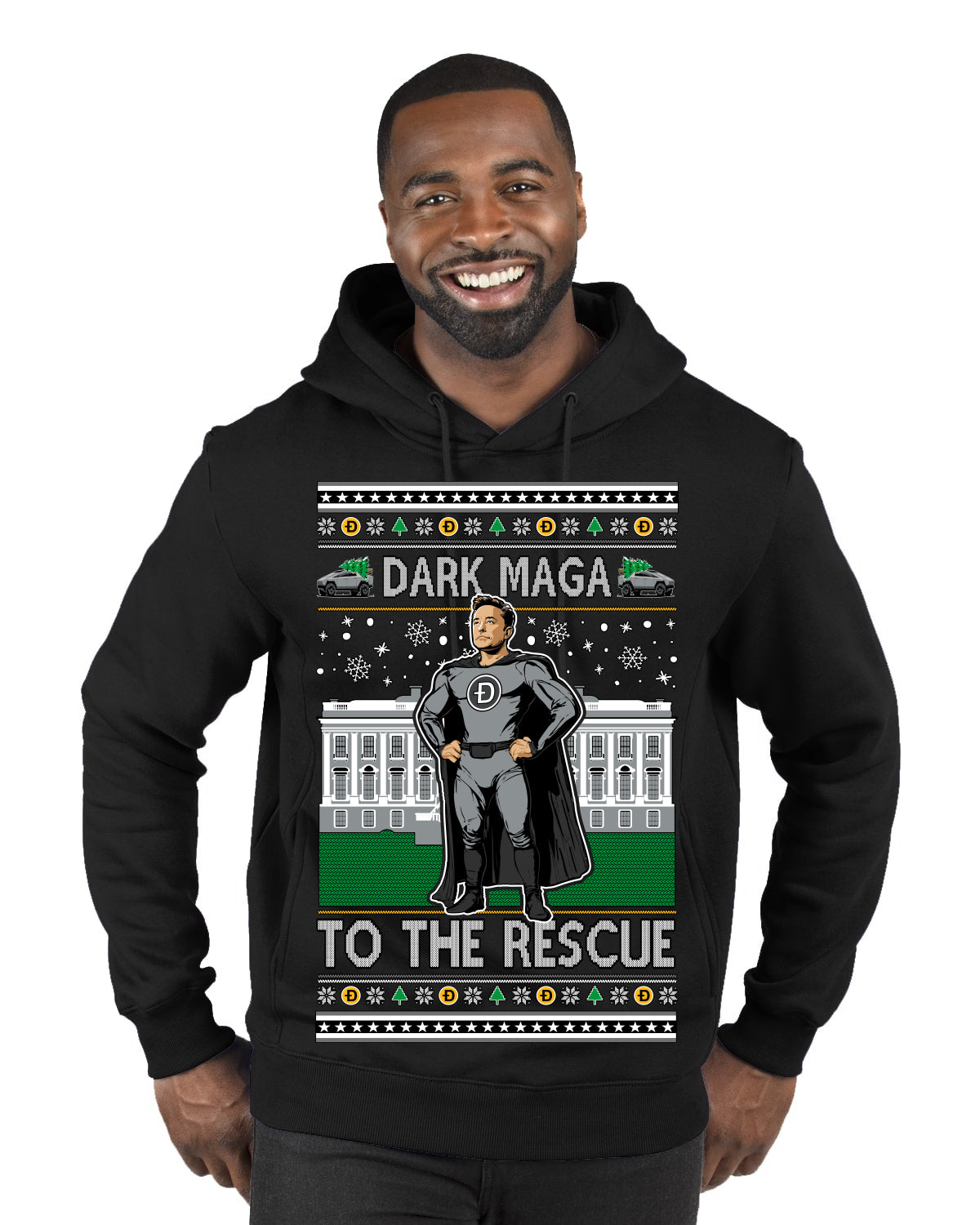 Dark MAGA to the Rescue Elon Superhero Doge Crypto Ugly Christmas Sweater Premium Graphic Hoodie Sweatshirt