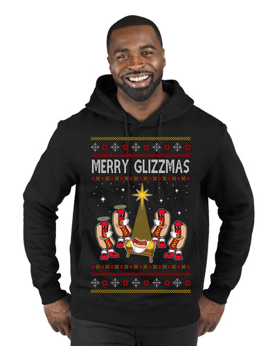 Merry Glizzmas, Funny Glizzy Hot Dog Baby Jesus Catholic Nativity, Fast Food Mustard Condiment Glizzys Humor Ugly Christmas Sweater Premium Graphic Hoodie Sweatshirt