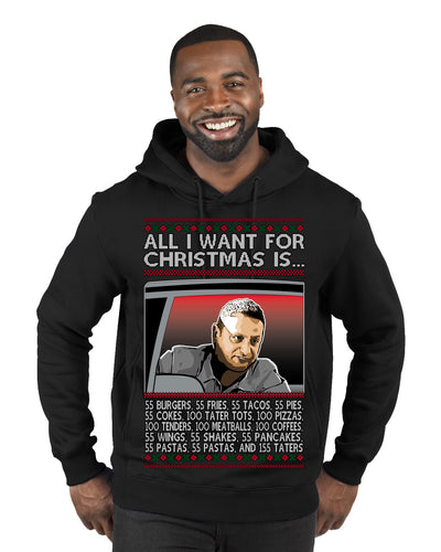 All I Want for Christmas Is 55 Burgers 55 Fries 55 Tacos 55 Pies, Funny Viral I Think Tim TV Show Gen Z Alpha Brainrot Meme Ugly Christmas Sweater Premium Graphic Hoodie Sweatshirt