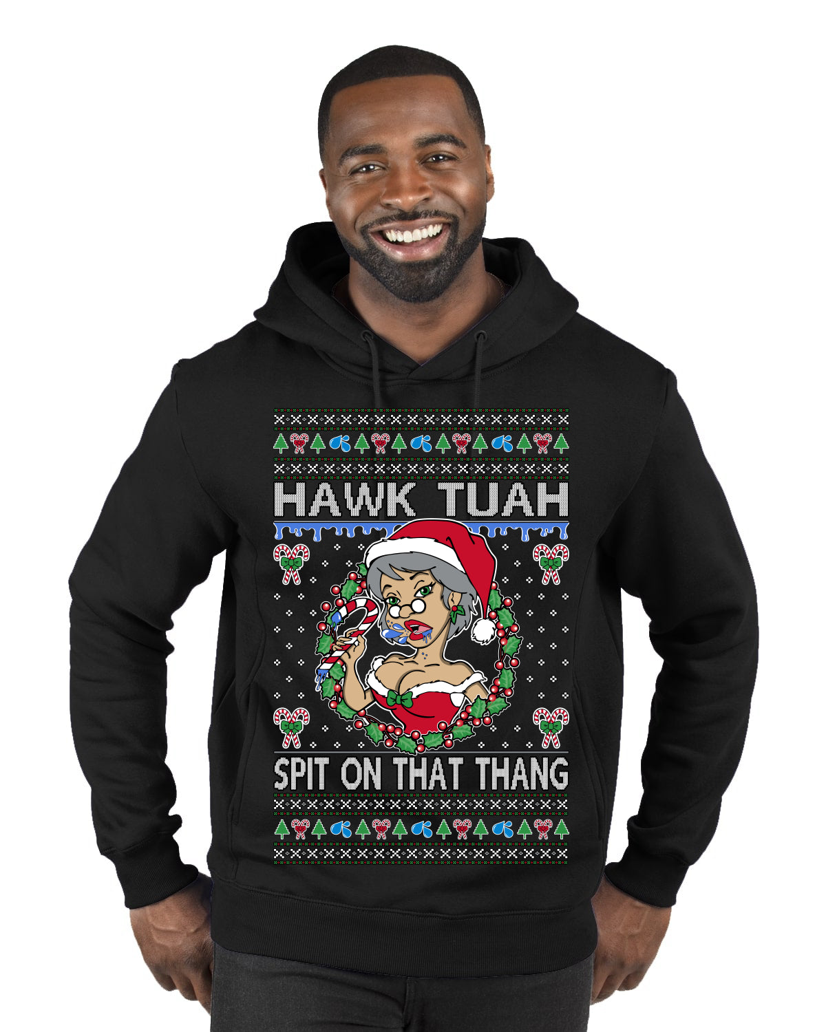 Hawk Tuah Spit On That Thang Mrs Claus Funny Meme Ugly Christmas Sweater Premium Graphic Hoodie Sweatshirt