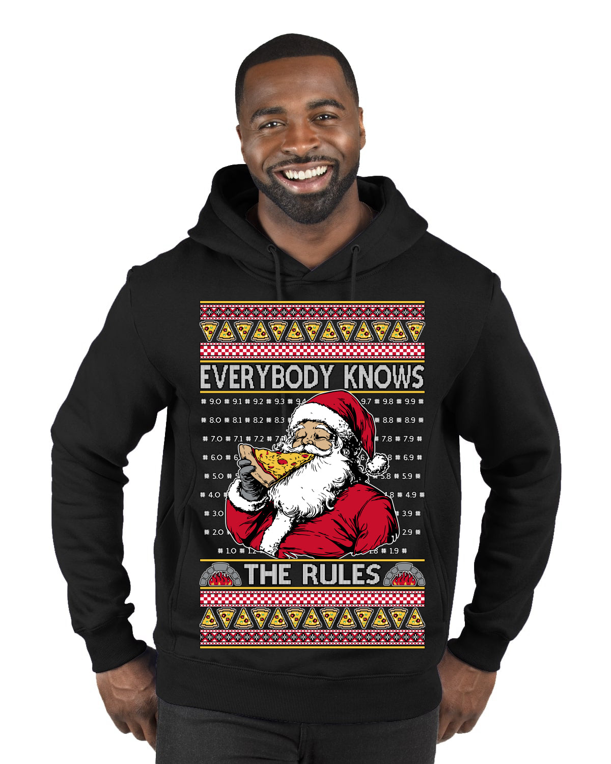 Everybody Knows the Rules Funny Santa Claus Pizza Score Ugly Christmas Sweater Premium Graphic Hoodie Sweatshirt