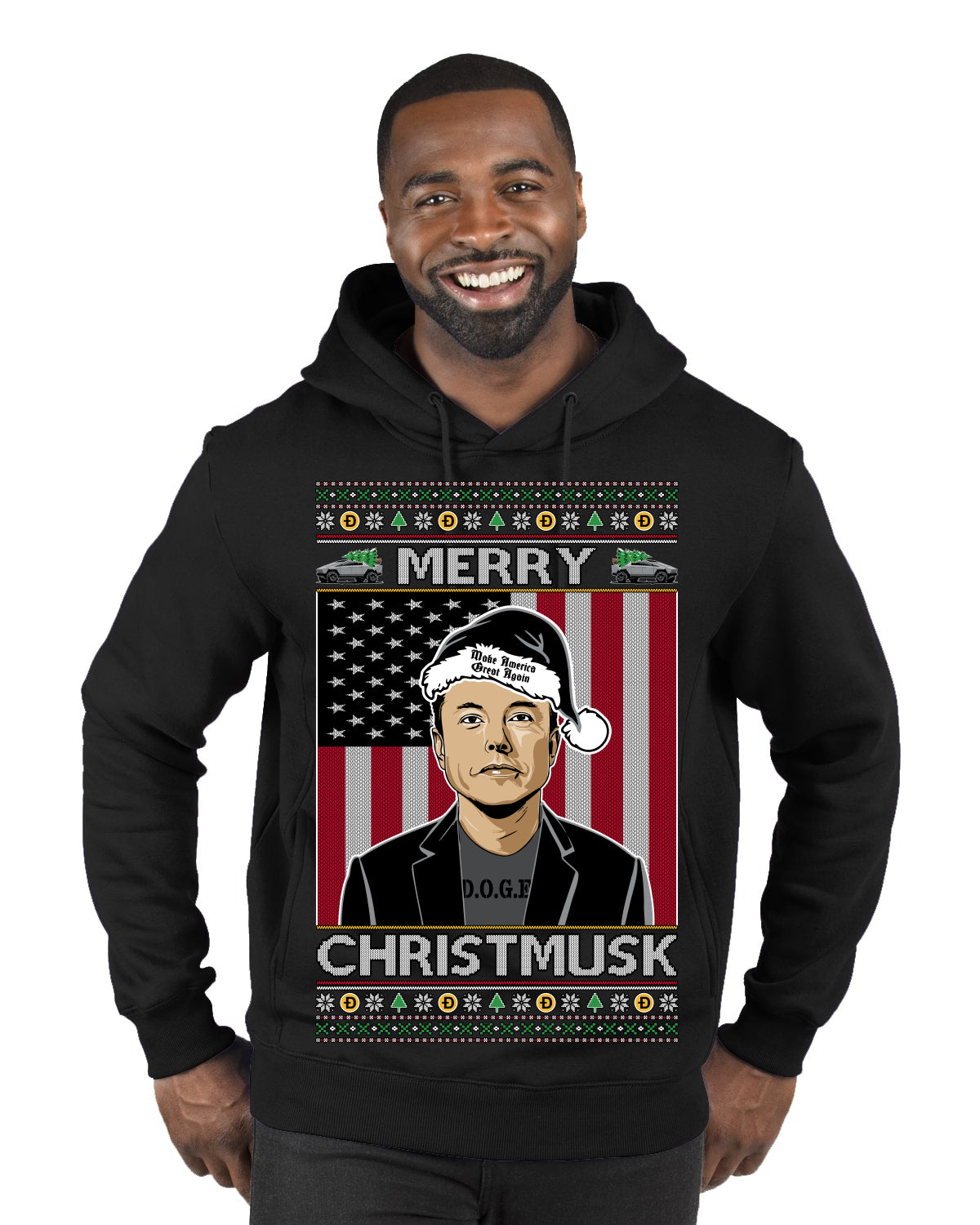Merry Christmusk Funny Dark MAGA Santa Elon Doge Meme Ugly Christmas Sweater Premium Graphic Hoodie Sweatshirt