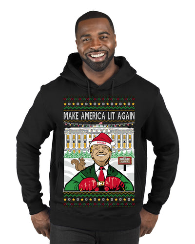 Make America Lit Again Funny Trump 2024 White House MAGA Ugly Christmas Sweater Premium Graphic Hoodie Sweatshirt