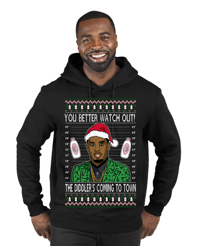 You Better Watch Out, the Diddler's Coming to Town, Funny Santa P Diddy Diddler Funny Party Viral Music Baby Oil Meme Ugly Christmas Sweater Premium Graphic Hoodie Sweatshirt