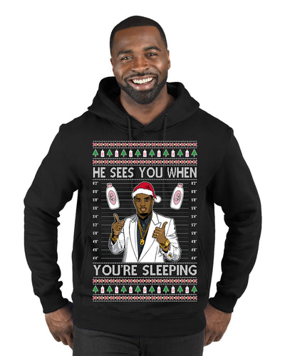 He Sees You When You're Sleeping, Funny Santa P Diddy Diddler Funny Party Viral Music Baby Oil Meme Ugly Christmas Sweater Premium Graphic Hoodie Sweatshirt