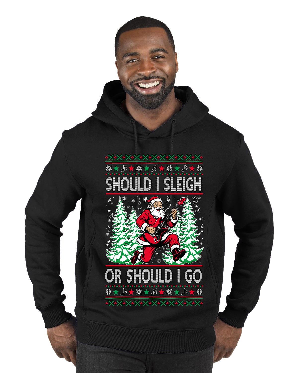 Should I Sleigh Or Should I Go, 80s Rock n' Roll Song, Electric Guitar, Ugly Christmas Sweater Premium Graphic Hoodie Sweatshirt