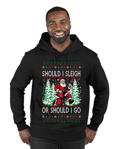 Should I Sleigh Or Should I Go, 80s Rock n' Roll Song, Electric Guitar, Ugly Christmas Sweater Premium Graphic Hoodie Sweatshirt