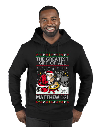 The Greatest Gift Of All Matthew 1:21, Ugly Christmas Sweater Premium Graphic Hoodie Sweatshirt