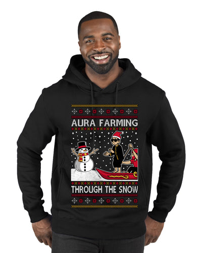 Aura Farming Through The Snow Meme, Ugly Christmas Sweater Unisex Premium Graphic Hoodie Sweatshirt
