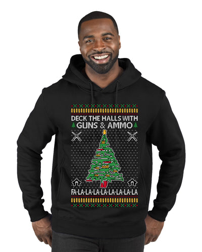 Deck The Halls With Guns & Ammo Fa La La La La, Ugly Christmas Sweater Unisex Premium Graphic Hoodie Sweatshirt