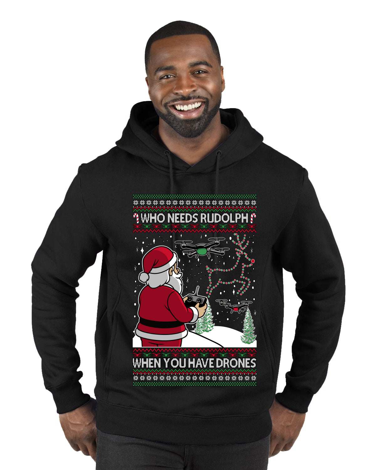 Santa Drone Show Reindeer, Ugly Christmas Sweater Unisex Premium Graphic Hoodie Sweatshirt