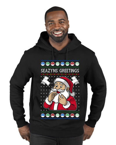 Seazyns Greeting Santa Packing Lip Pouch, Ugly Christmas Sweater Unisex Premium Graphic Hoodie Sweatshirt