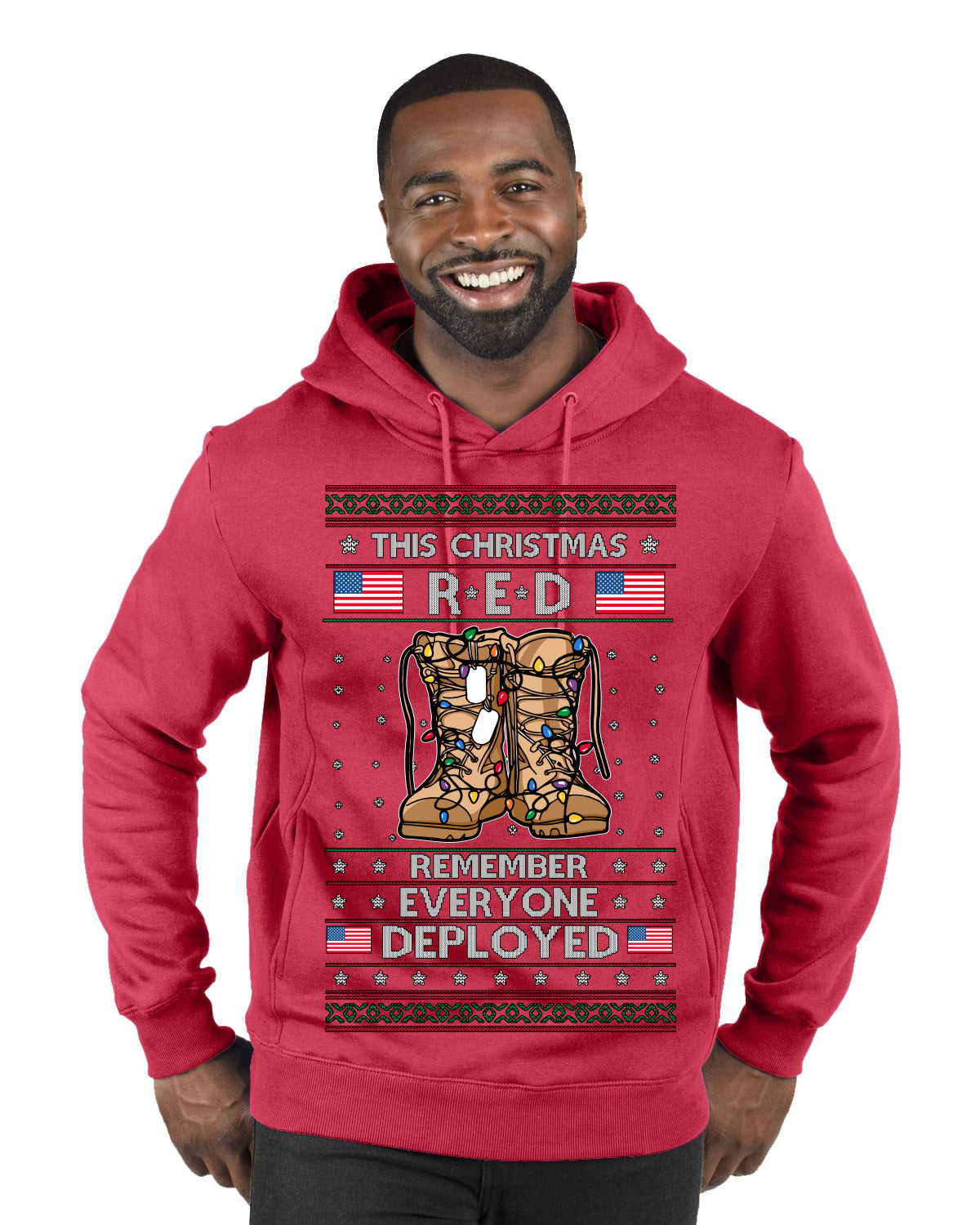 This Christmas RED Remember Everyone Deployed Veteran Ugly Christmas Sweater Premium Graphic Hoodie Sweatshirt