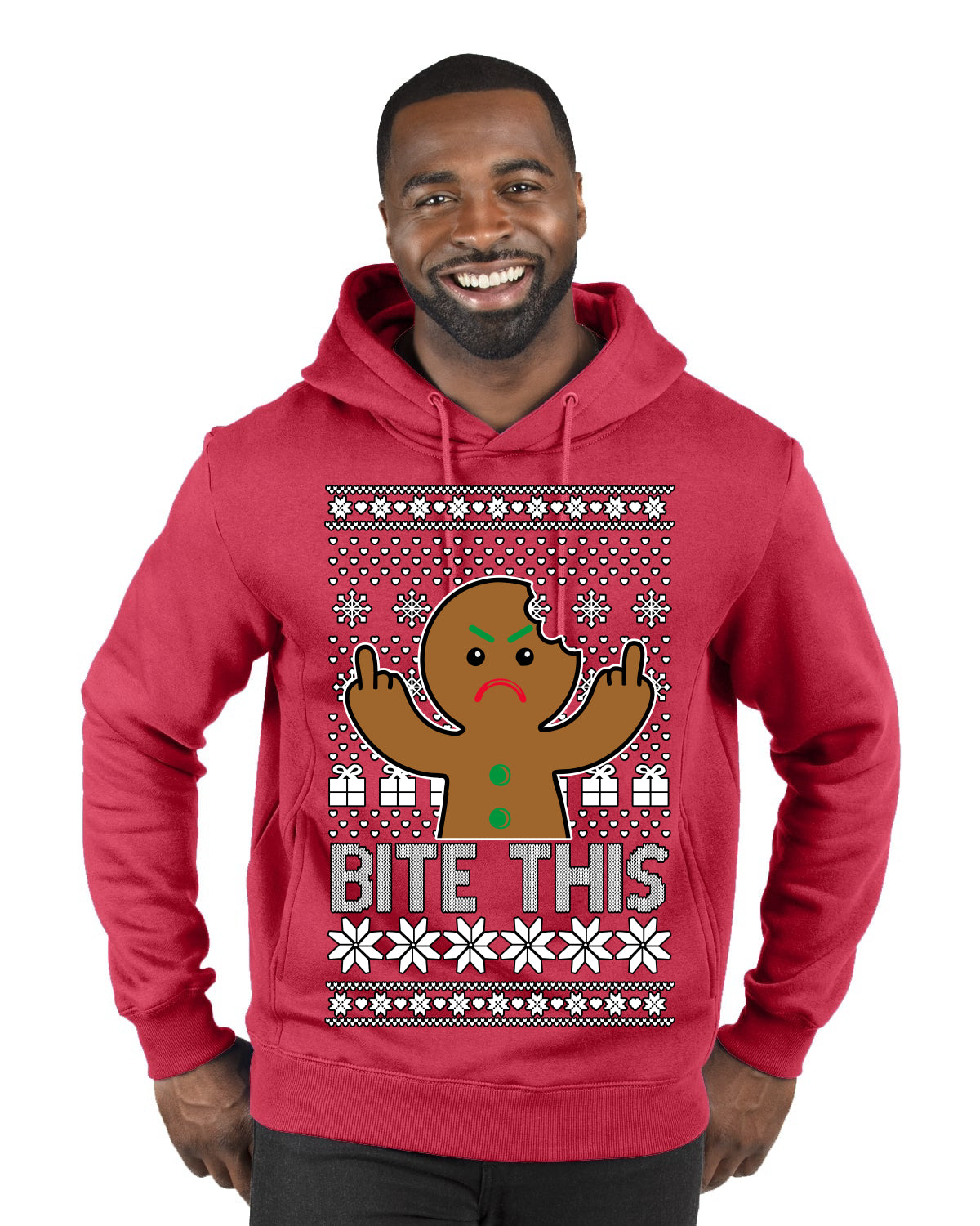 Bite This, Funny Gingerbread Cookie Offensive Inappropriate Middle Finger, F U Ginger Bread Dirty Novelty Xmas Ugly Christmas Sweater Premium Graphic Hoodie Sweatshirt
