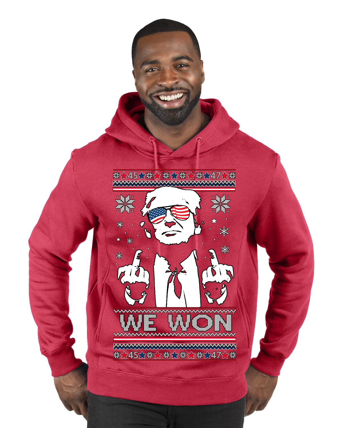We Won Funny 45 47 President Trump Shot USA Glasses Ugly Christmas Sweater Premium Graphic Hoodie Sweatshirt