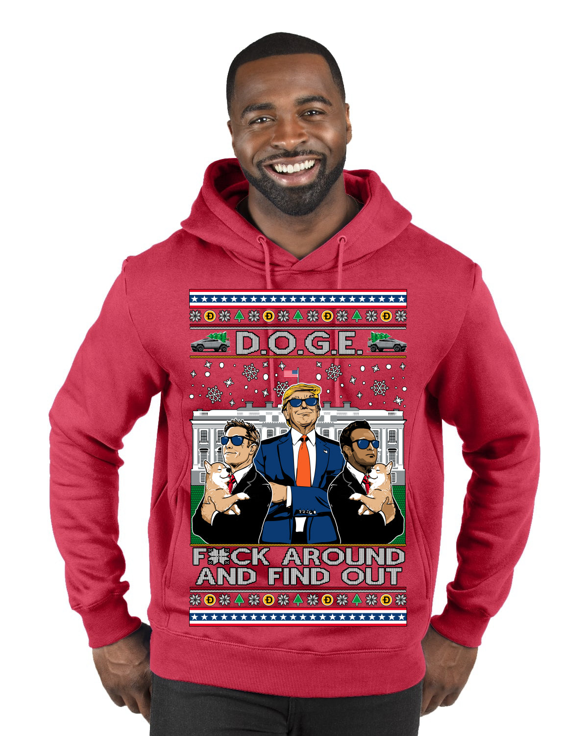 Doge F Around and Find Out Donald Trump Elon Vivek MAGA Ugly Christmas Sweater Premium Graphic Hoodie Sweatshirt