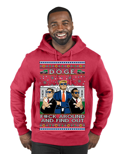 Doge F Around and Find Out Donald Trump Elon Vivek MAGA Ugly Christmas Sweater Premium Graphic Hoodie Sweatshirt